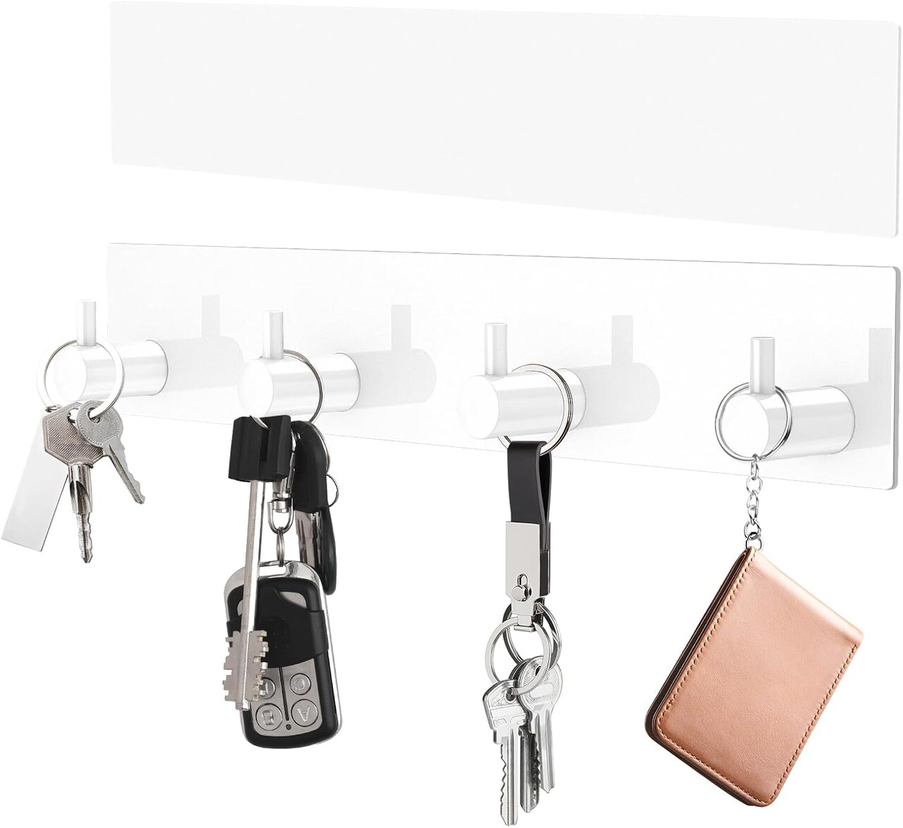 Key Holder Wall Mount, Large Metal Self Adhesive Key Hanger with 4 Hooks, Extra Adhesive Strip, White